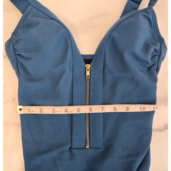Kona Sol Womens Ribbed One Piece Swimsuit Small Blue Zipper Front Resort Beach - Picture 9 of 13